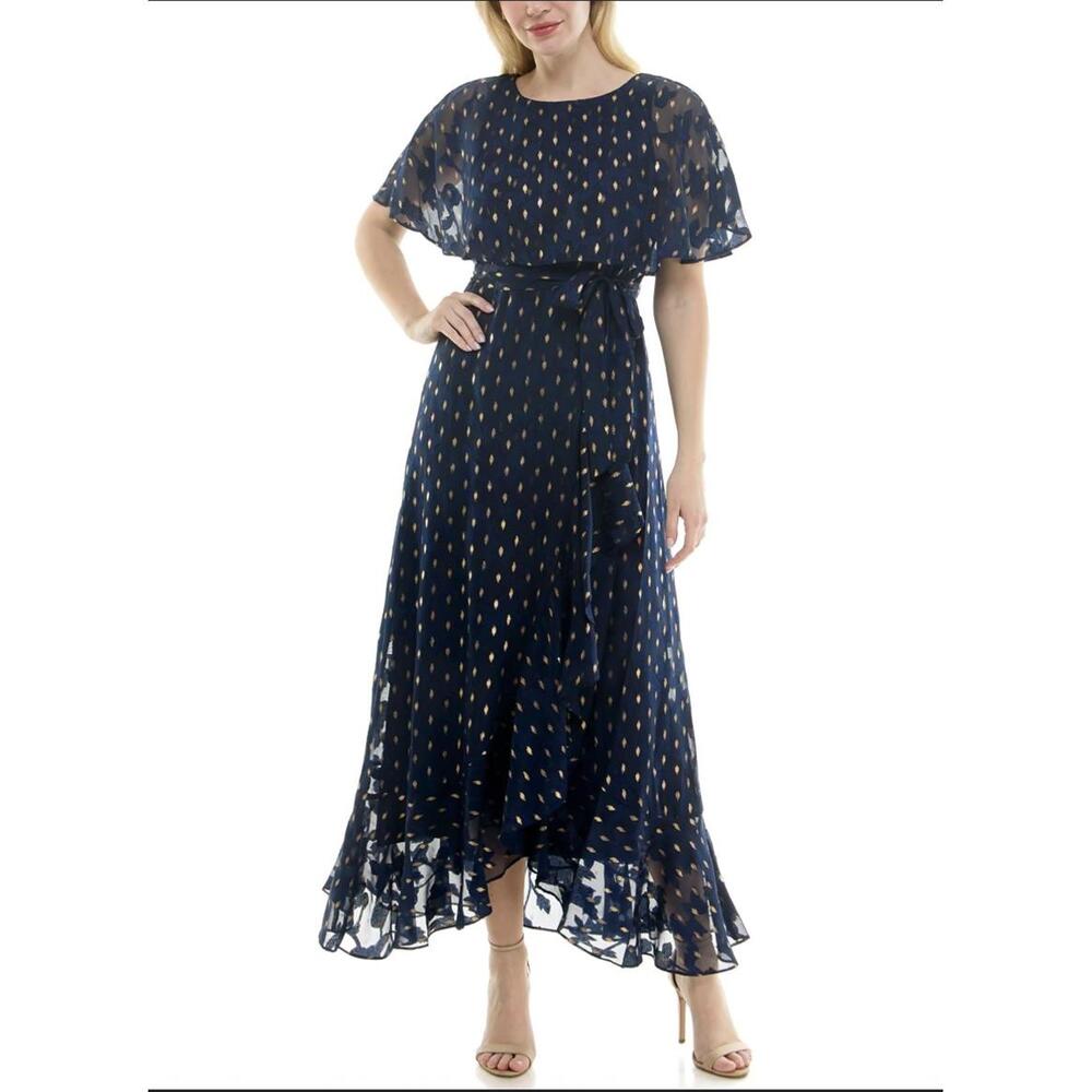 Maison Tara Navy Maxi Dress with Gold Dot Print